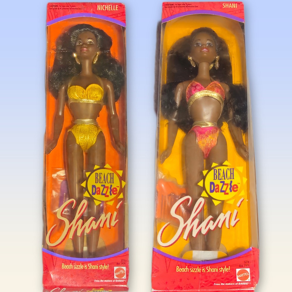 Mattel Beach Dazzle Shani Nichelle Dolls Vintage 1991 5774 5775 NIB Damaged Box